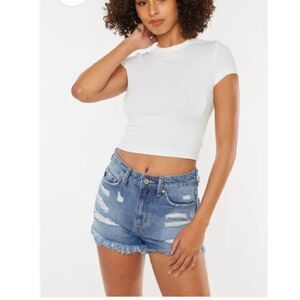 KanCan Pastel/rainbow Thread High Rise Distressed Cotton Frayed Hem Denim Shorts